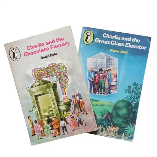 Reduced Price Roald Dahl's Charlie and the Chocolate Factory & Glass Elevator - Vintage Puffin Paperbacks, c.1970